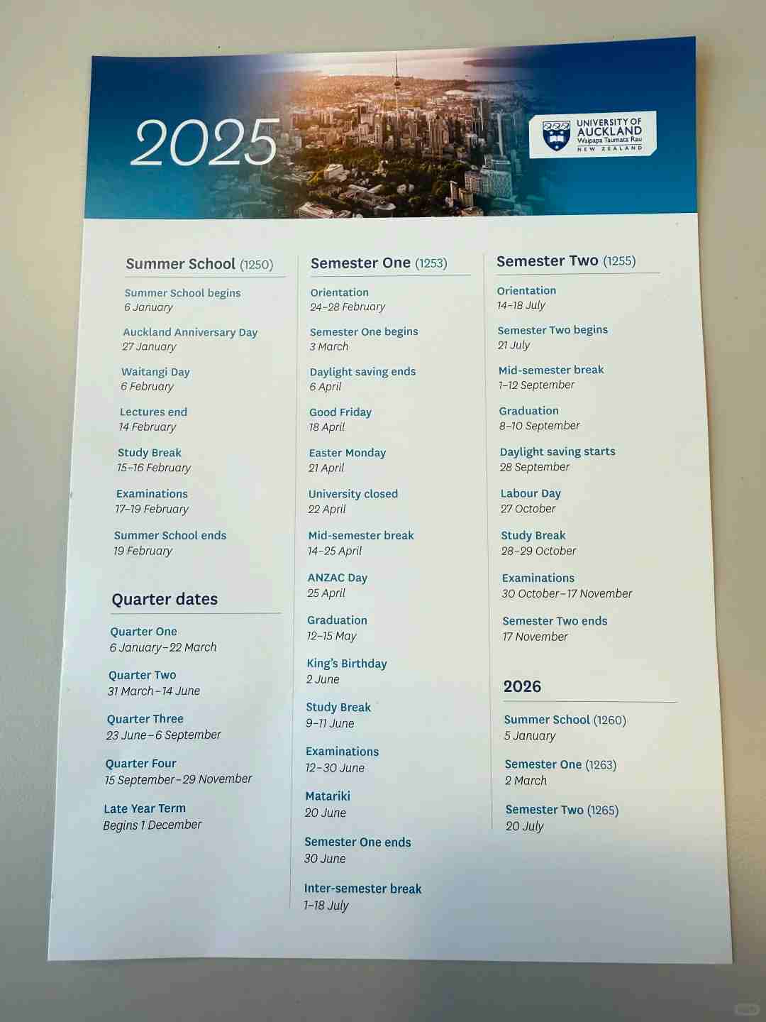 奧克蘭大學(xué)25年S2學(xué)期校歷及考試時(shí)間安排